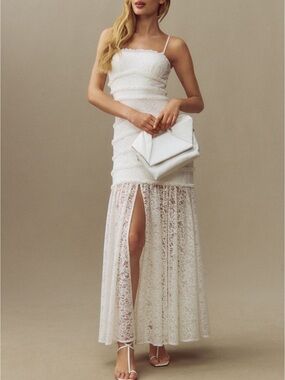 BHLDN Anthropologie Ivory Lace Spaghetti-Strap Gown with Front Slit SOLD OUT